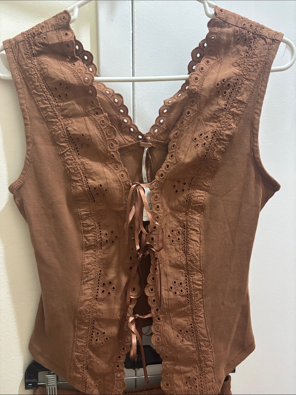 Free People Rust Brown Eyelet Lace-Up Dress Top - Picture 3 of 13